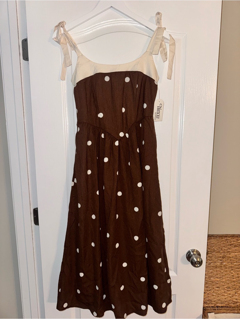 Trixxi Brown Polka Dot Tie-Strap Midi Dress with Cream Accents